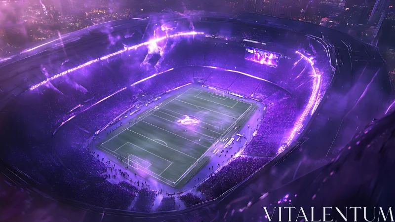 Futuristic purple-lit mega stadium in cinematic digital painting.