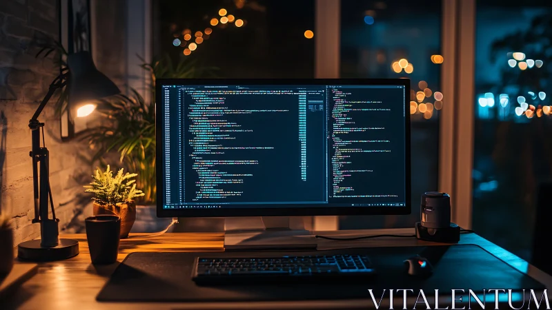 Nighttime coding workstation renders warm-contrast ambience