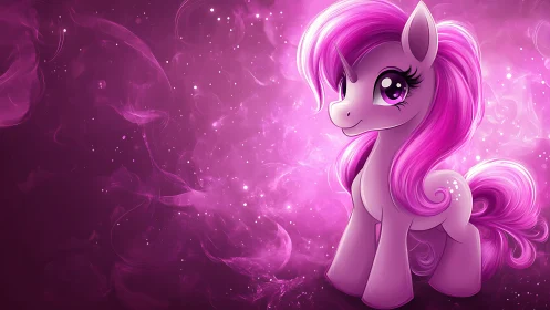 Sparkling pink unicorn pony glowing in a dreamy starlit mist.