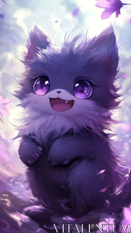 Purple eyed chibi creature in soft petal filled setting.
