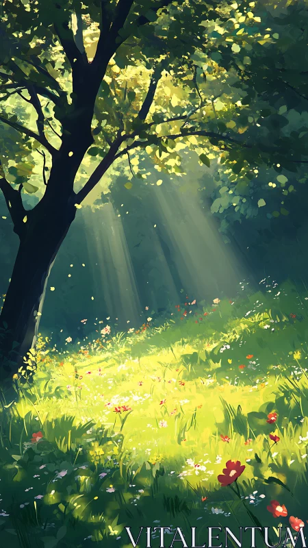 Sunlit forest clearing welcomes wildflowers into gentle light