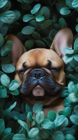 Gentle puppy naps in lush green leaves with peaceful charm