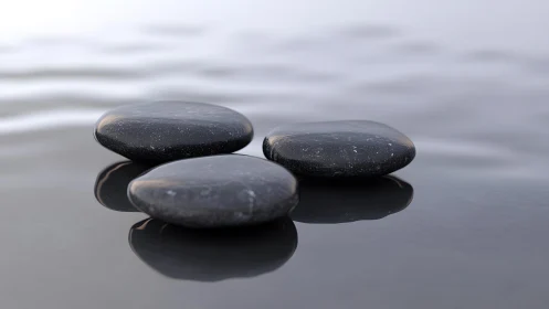 Three Smooth Black Stones on Calm Water in Minimalist Style.