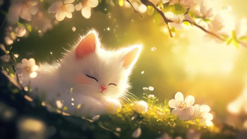 White cat resting among flowering branches in diffused sunlight.