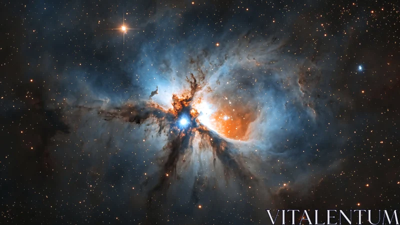 Nebula heartstorm ignites blue fire amid golden dustfall.