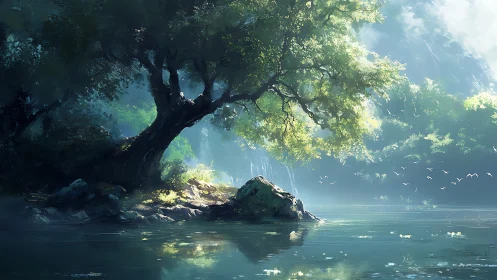 Sunlit river guardian leans over water whispering quiet myths