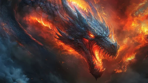 Fierce ember dragon surging through a storm of molten fire.