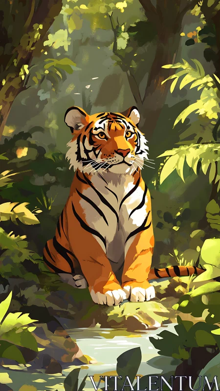 Gentle jungle tiger resting by a sunlit forest stream.