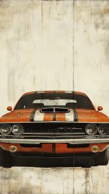 Vintage orange muscle car idol under weathered gallery sky.
