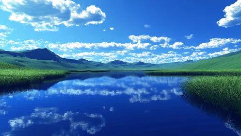 Endless blue lake mirrors soft clouds over quiet green hills