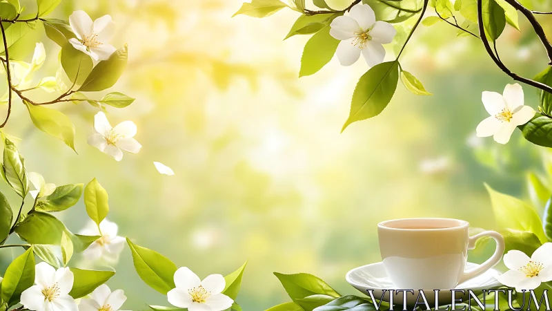 Morning tea cup rests amid jasmine blossoms and leaves.