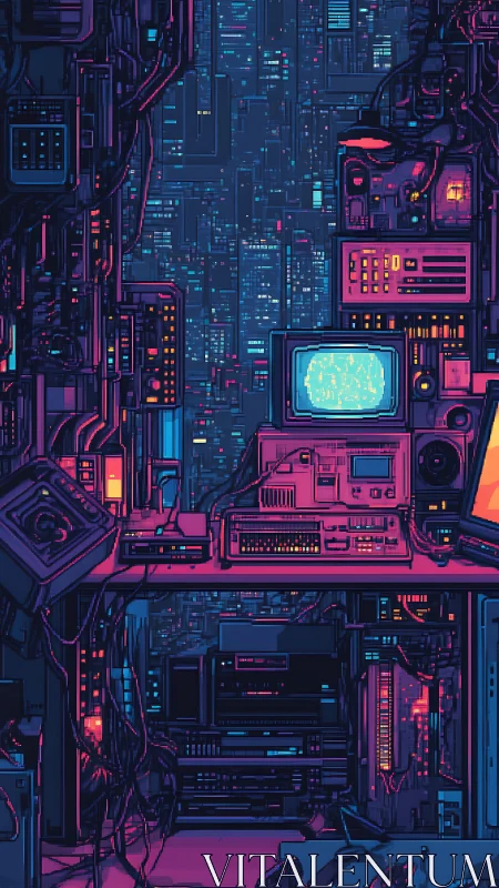 Neon cyberpunk workstation packed with retro computers.
