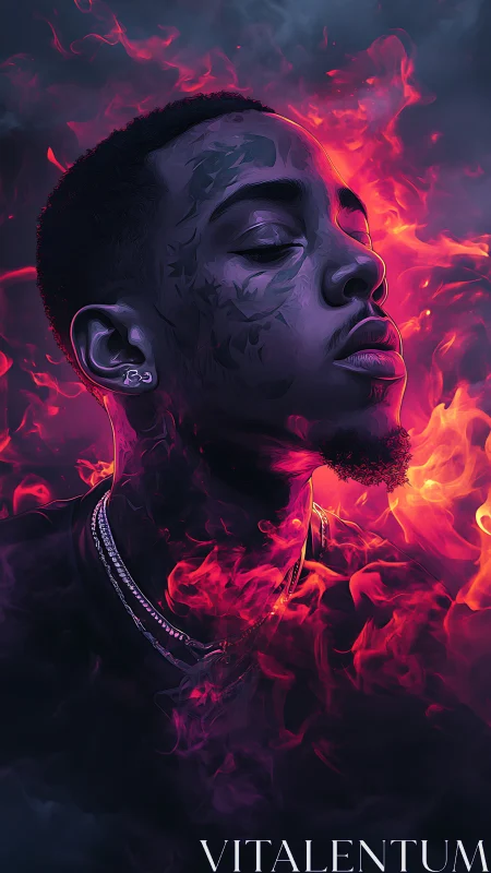 Embers kiss his calm profile while neon smoke crowns silence