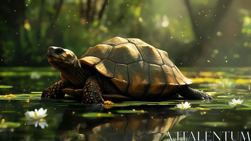 Sunlit wetland tortoise with specular shell reflections.
