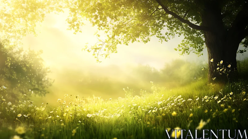 Sunlit meadow slopes beneath leafy tree in soft morning haze