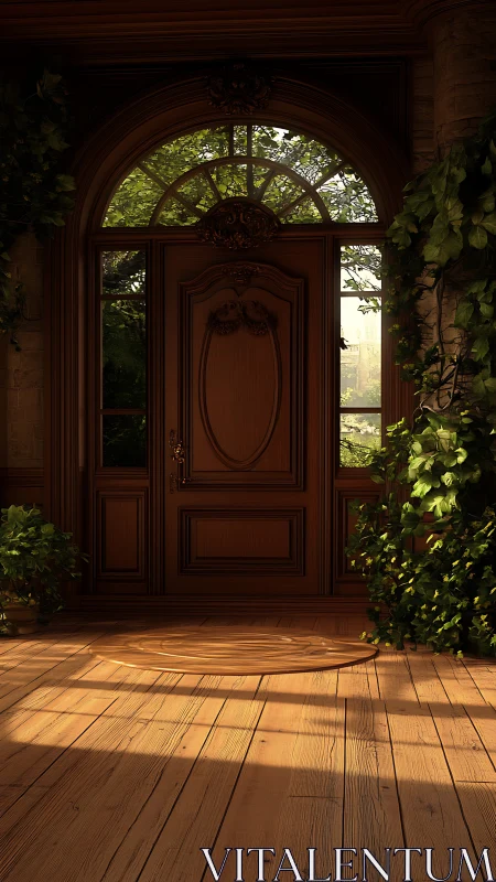 Sunlit wooden doorway opens onto a tranquil garden entry