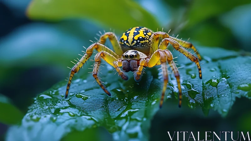 Bold yellow garden spider pauses gently on dewy green leaf