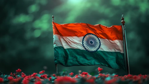 Indian national flag on pole against soft green bokeh.