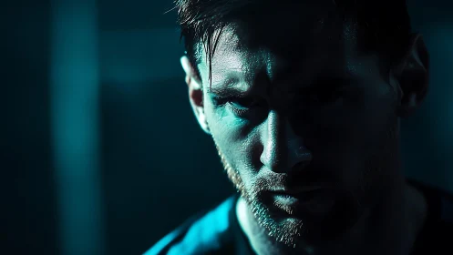 Low key close-up portrait of man in teal side lighting.