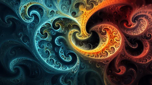 Dual-tone recursive fractal swirls in turbulent spiral composition
