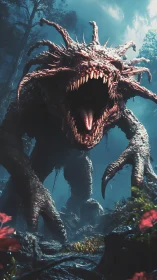 Monstrous forest creature roars forward in misty blue light