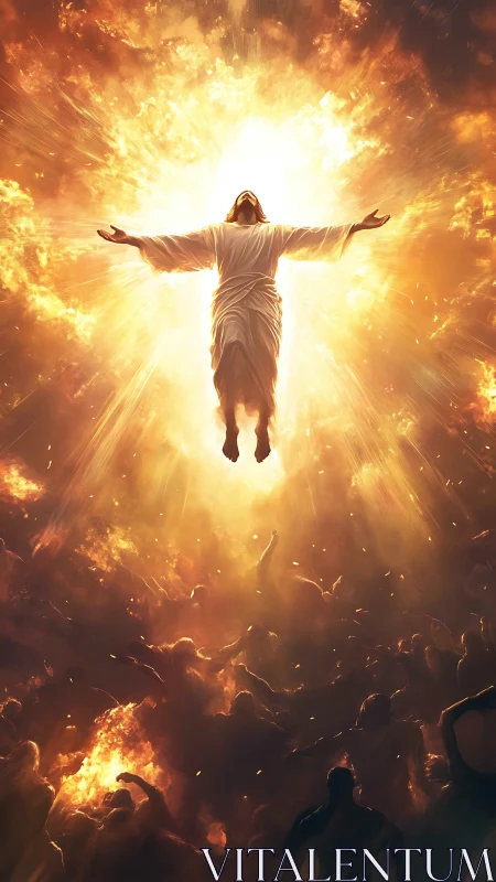 Radiant robed figure ascends in blazing golden light