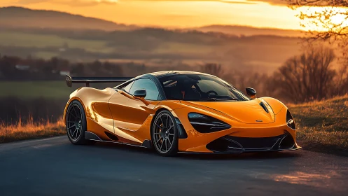 Sunset-scorched supercar poised like lightning on quiet asphalt.