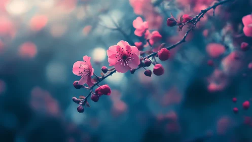 Pink Cherry Blossoms in Atmospheric Depth of Field.