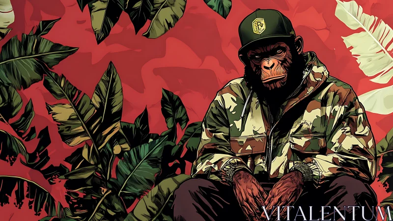 Chimpanzee in camouflage jacket against red foliage backdrop.