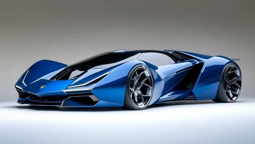 Blue low-profile futuristic sports car on neutral background.