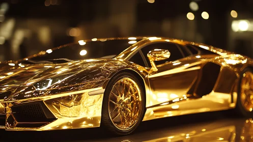 Golden supercar reflects warm bokeh lights in luxury studio