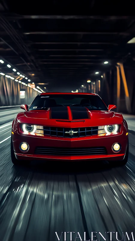 Red muscle car races through illuminated city tunnel at night.
