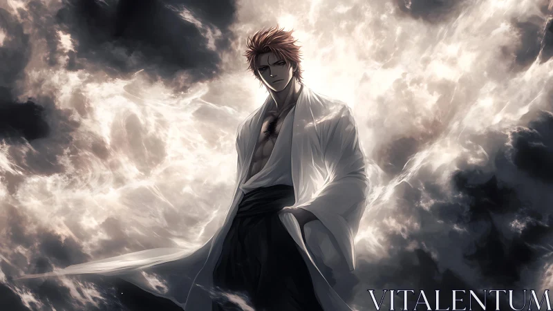 Stoic anime swordsman framed by swirling storm clouds.