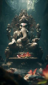 Stone Ganesha statue sits in misty jungle shrine pool