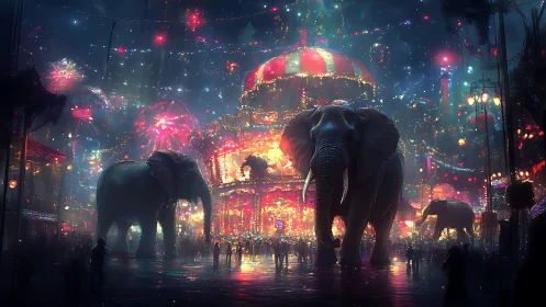 Elephants traverse neon carnival plaza amid dense atmospheric haze