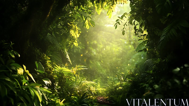 Sunlit jungle canopy with ethereal golden light filtering through dense foliage