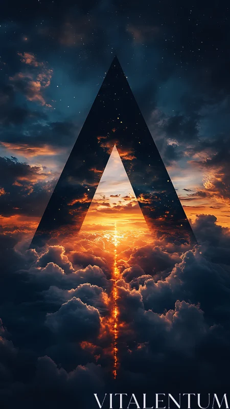 Glimmering sky portal rises through clouds into a starry night