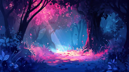 Neon forest clearing with glowing flora and trees, luminescent sanctuary