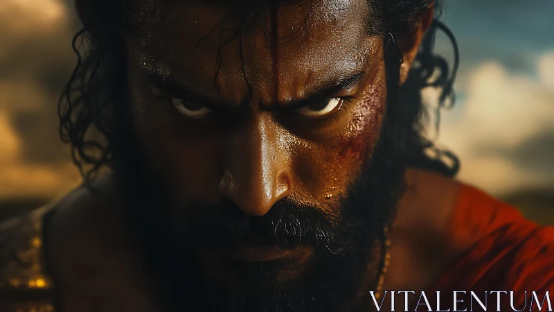 Intense bearded warrior stare in dramatic close-up portrait.