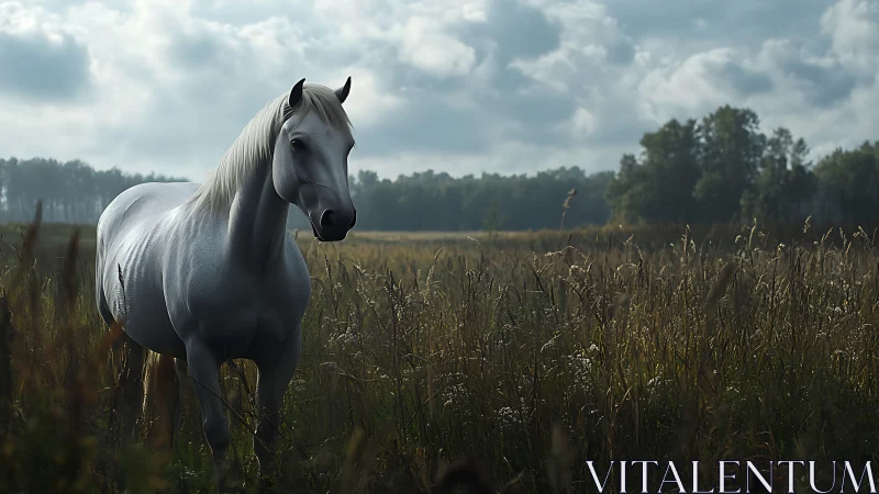 White horse standing in tall grass under cloudy sky.