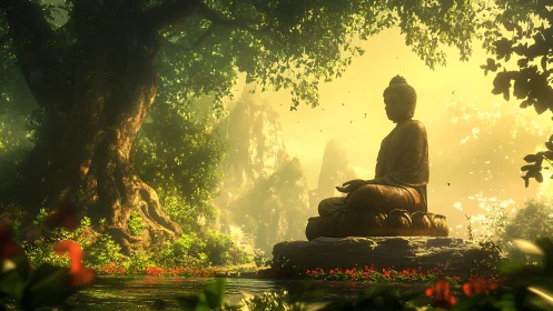 Sunlit forest Buddha dreaming in emerald stillness of dawn.