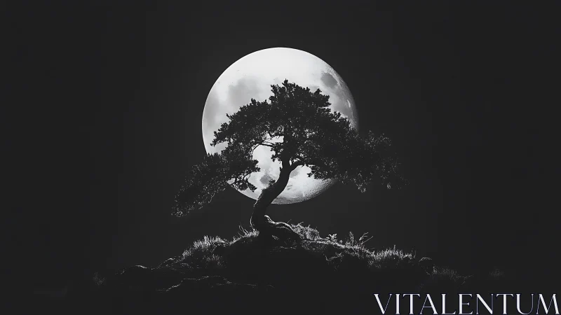 Monochrome lone tree silhouette aligned with full moon.