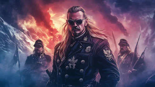 Central military figure stands before armed companions