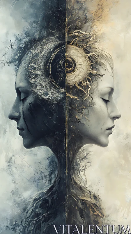 Dual ascendant visages in fractured elemental symmetry.