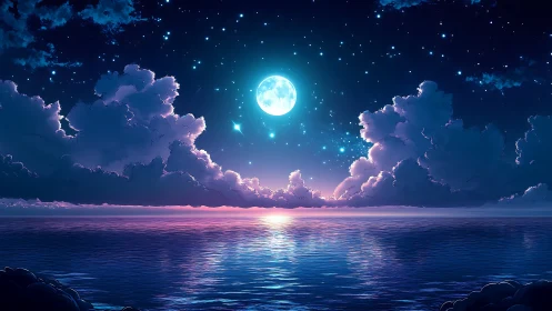 Moonlit ocean horizon with clouds and reflected starlight.