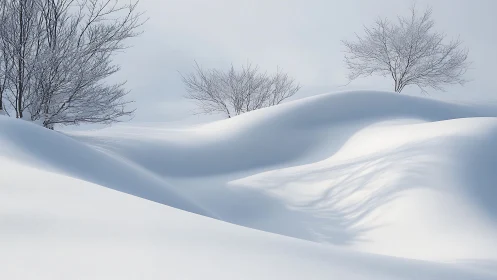 Leafless trees across smooth winter snow-covered dunes.
