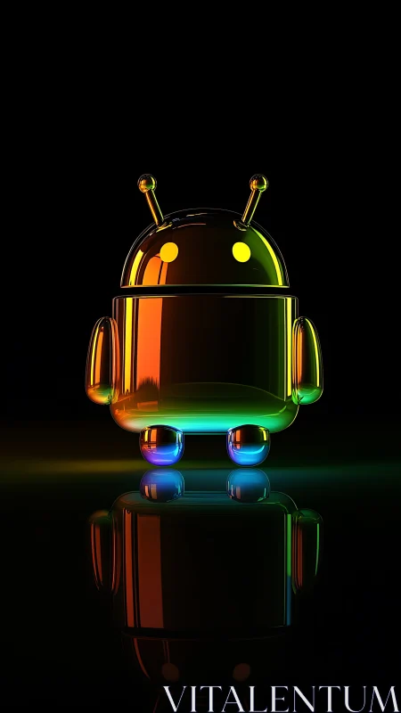 Chrome android mascot glows with neon gradient reflections.