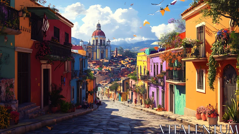 Colorful hillside street with domed cathedral in distance.