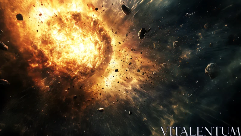 Blazing cosmic explosion scattering asteroids in deep space.
