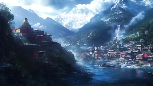 Misty river valley village with glowing mountain temple.